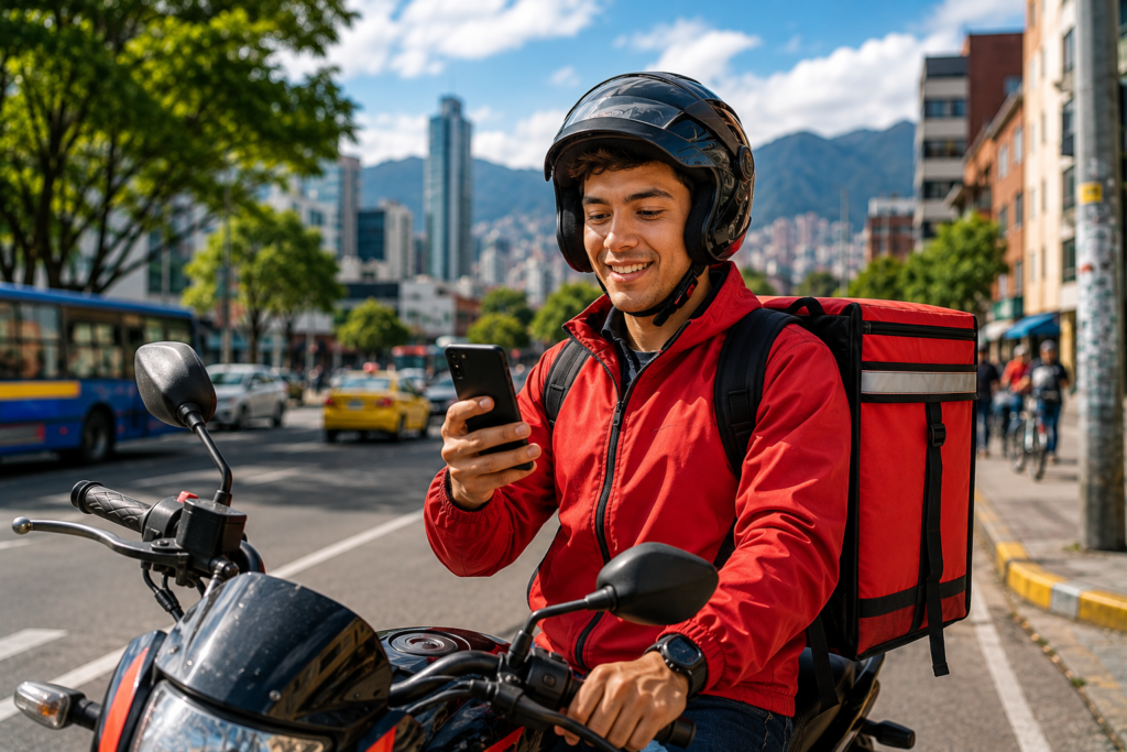 Domiciliario en Bogotá entregando un pedido en moto