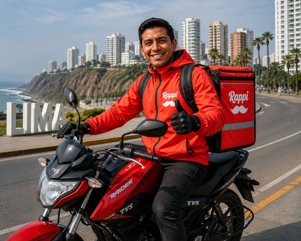Repartidor de Rappi en Lima con mochila térmica junto a su moto