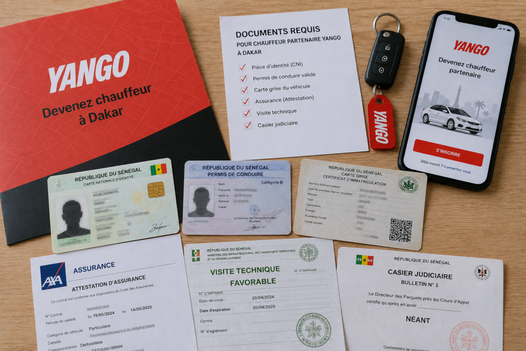 Documents nécessaires pour devenir chauffeur Yango à Dakar : pièce d’identité, permis, carte grise, assurance
