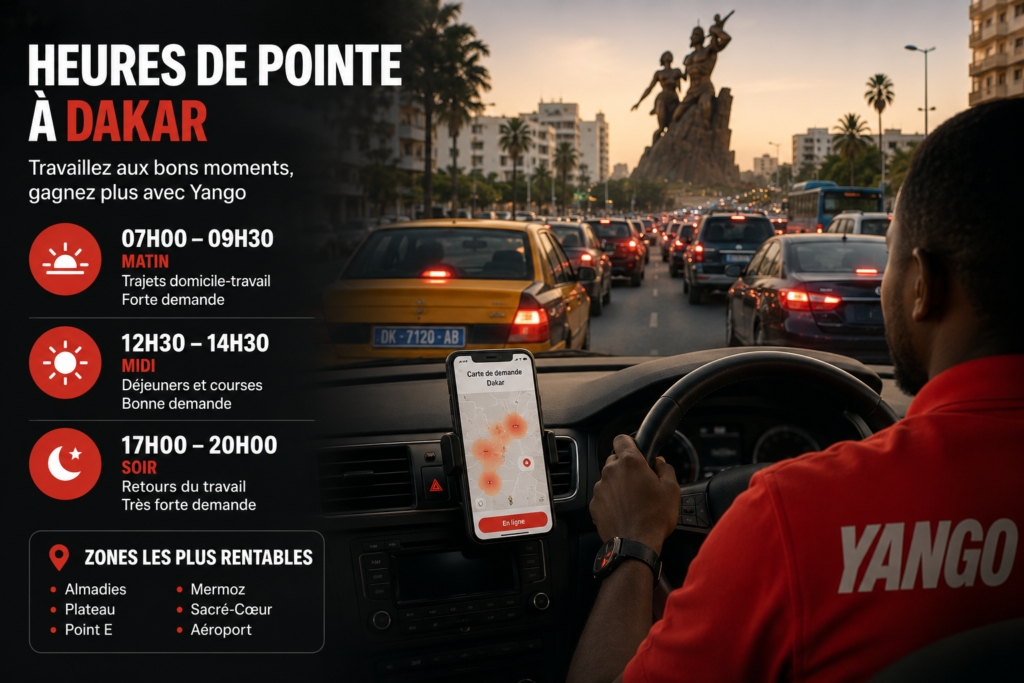 Heures de pointe et zones rentables pour un chauffeur Yango à Dakar