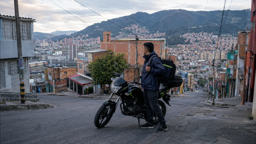 Domiciliario revisa su moto en una calle de Bogotá para prevenir el robo de motos