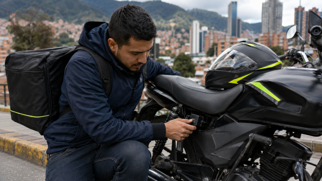 Repartidor asegura el candado de su moto para evitar el robo de motos en Bogotá