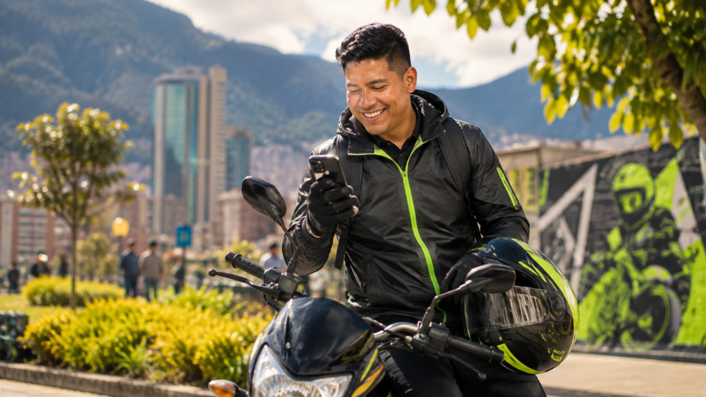 Conductor de DiDi Moto Bogotá esperando pasajeros con su moto y casco