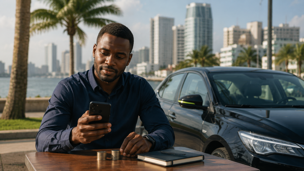 Chauffeur VTC à Abidjan au volant dans le trafic du Plateau