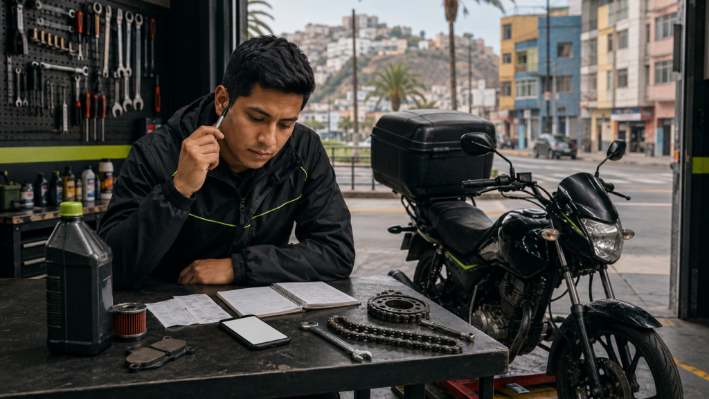 Mecánico revisando la cadena y el kit de arrastre durante el mantenimiento moto delivery en un taller de Lima