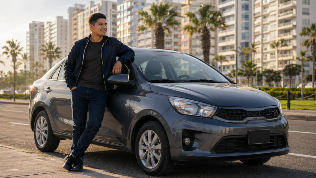 Conductor junto a su Kia Soluto para taxi por aplicativo en Lima