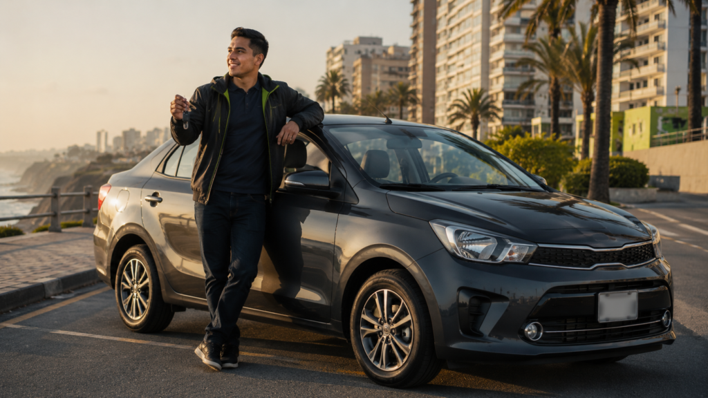 Sedán Kia gris estacionado en la costa de Lima con su conductor