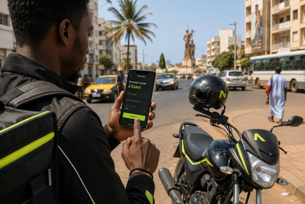 Livreur qui consulte une commande de livraison à moto à Dakar sur son téléphone