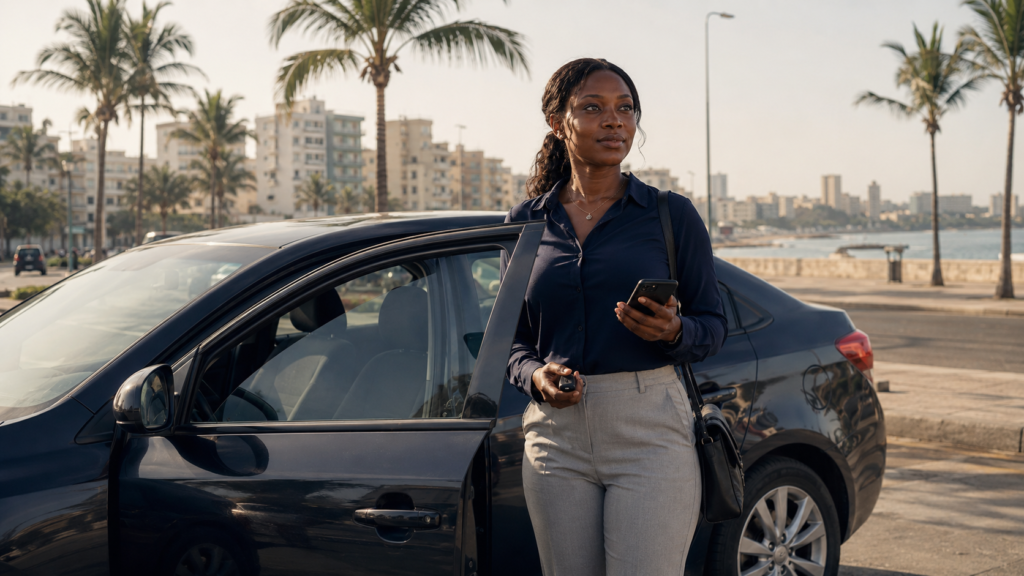 Chauffeuse VTC à Dakar vérifiant une course sur son smartphone à côté de sa voiture