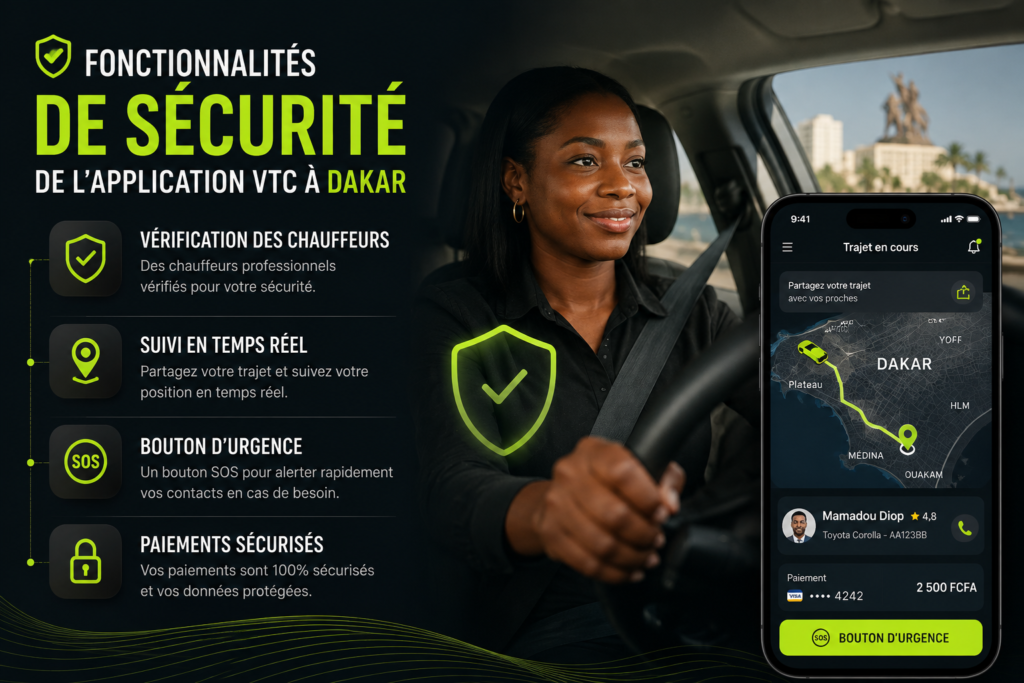 Fonctionnalités de sécurité de l’application pour une chauffeuse VTC à Dakar : suivi en temps réel et bouton d’urgence