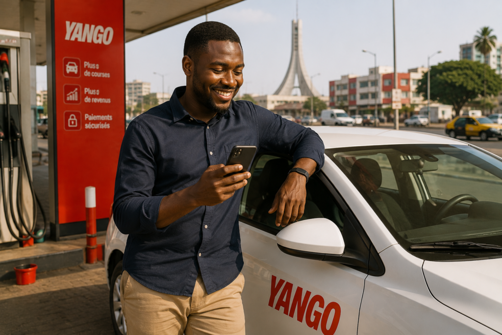Chauffeur Yango à Dakar devant sa voiture à la station-service