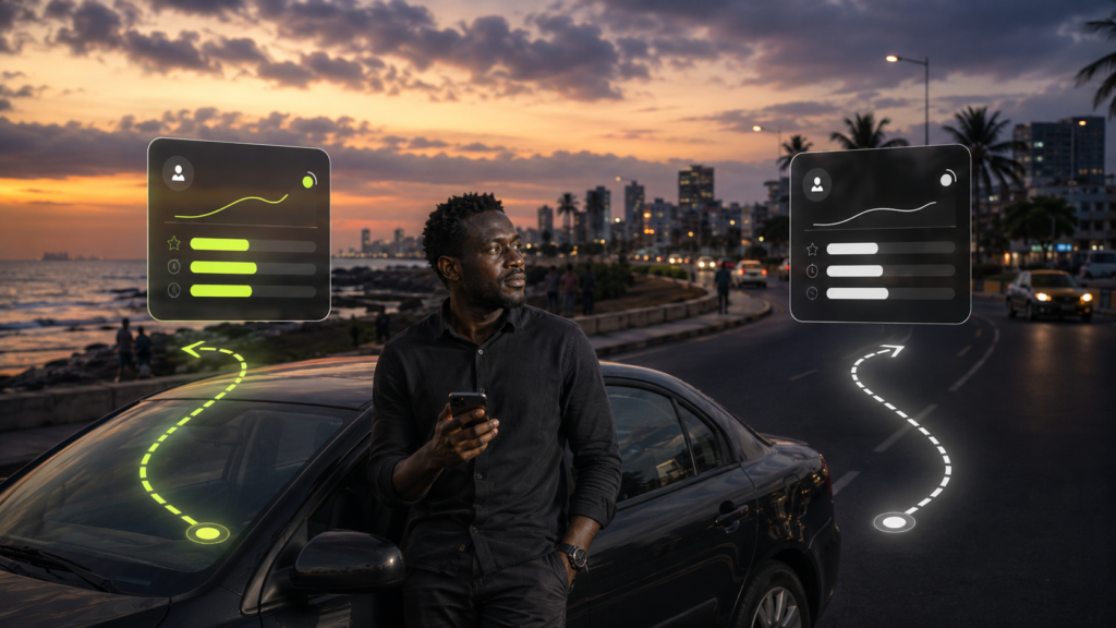 Chauffeur VTC à Dakar comparant les applications Yango ou Heetch sur son smartphone
