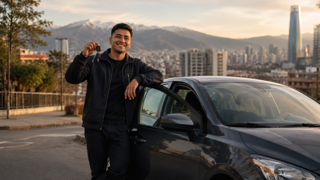 Nuevo conductor de Uber en Santiago sosteniendo las llaves de su auto, listo para empezar a trabajar
