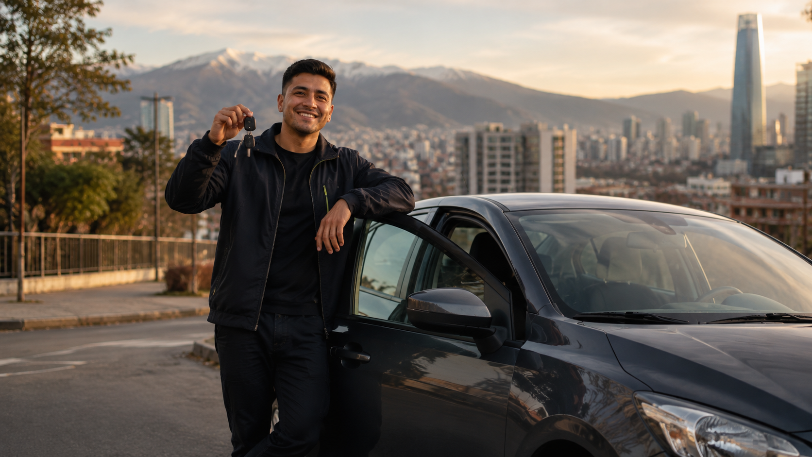 Conductor de Uber en Santiago junto a su auto