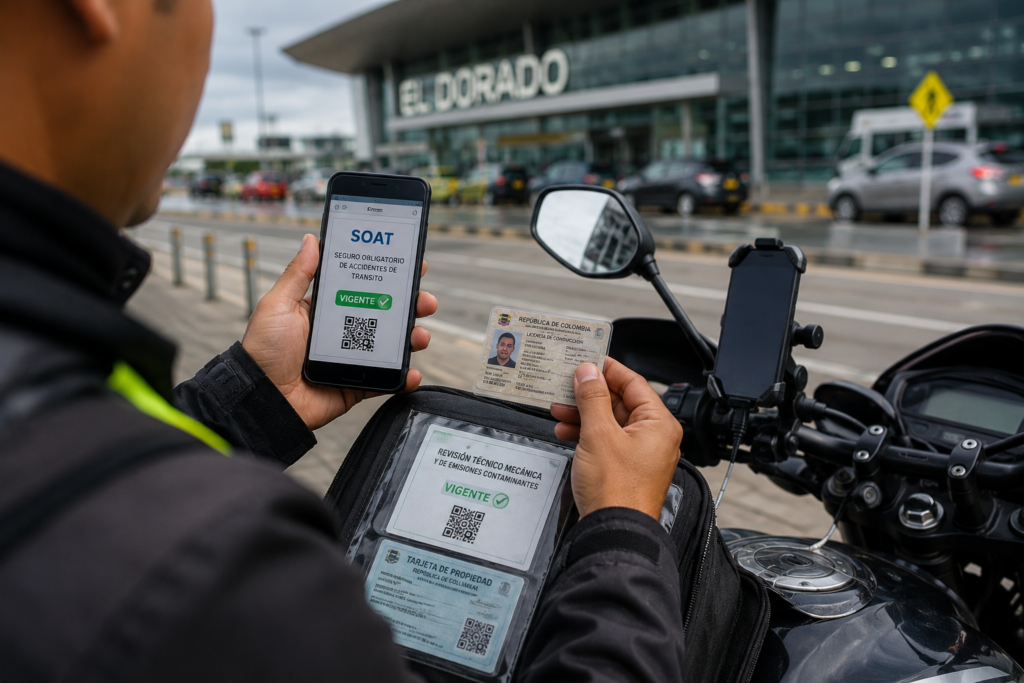 Domiciliario revisando SOAT y licencia frente al aeropuerto El Dorado