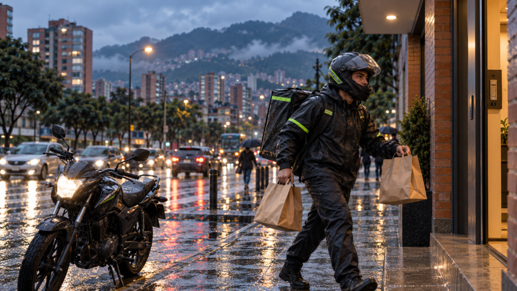 Domiciliario aprovechando la demanda alta durante la lluvia en Bogotá