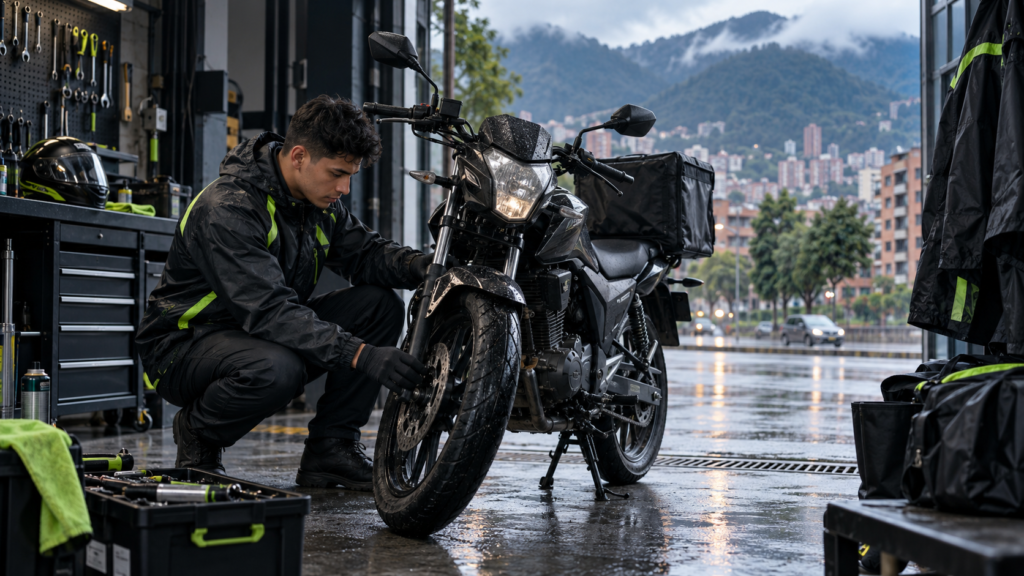 Domiciliario revisando su moto y equipo antes de salir a repartir durante las lluvias en Bogotá