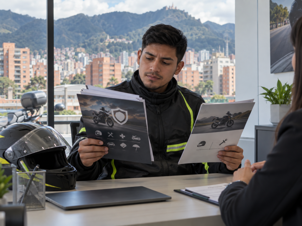 Domiciliario comparando cotizaciones de seguro voluntario para moto antes de firmar