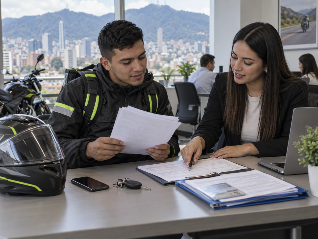 Domiciliario revisando con una asesora las condiciones de su seguro voluntario para moto