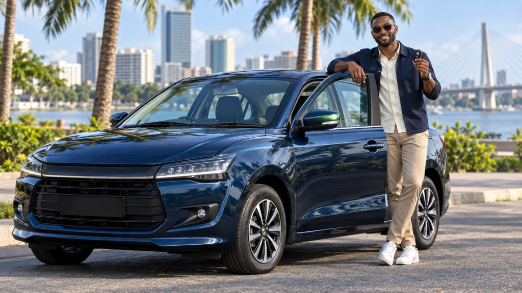 Chauffeur VTC devant sa Suzuki Dzire neuve obtenue en location-vente de voiture à Abidjan