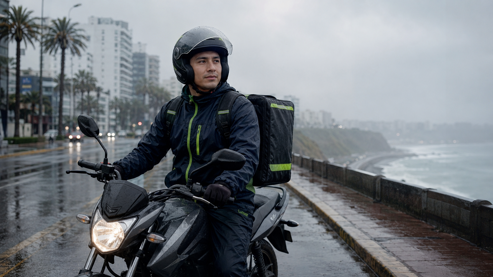 Repartidor trabajando en moto durante la temporada de lluvias en Lima