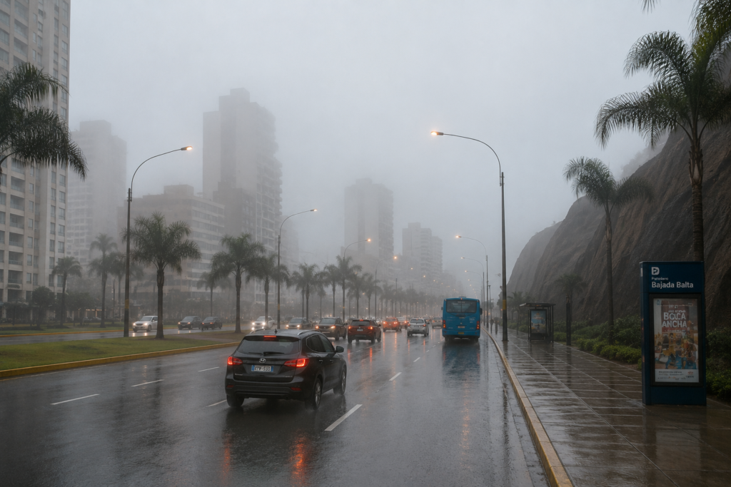 Avenida costera de Lima con neblina y garúa durante la temporada de lluvias