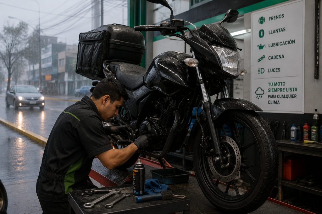 Mecánico revisando una moto de reparto durante la temporada de lluvias en Lima