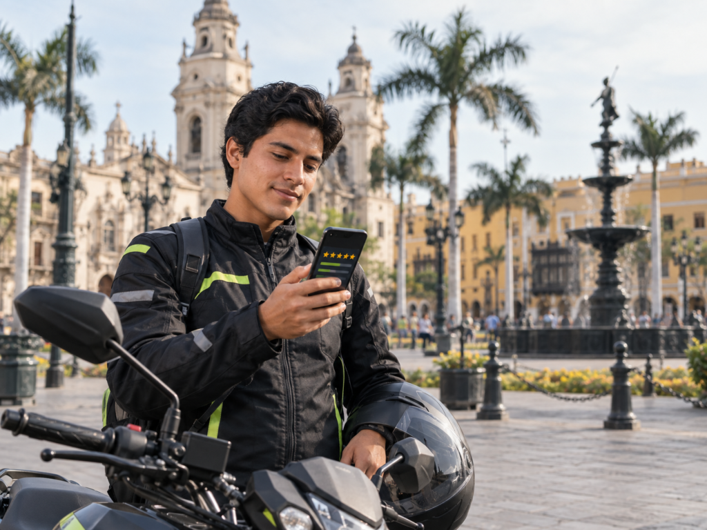 Repartidor o conductor en Lima revisando su calificación en la app