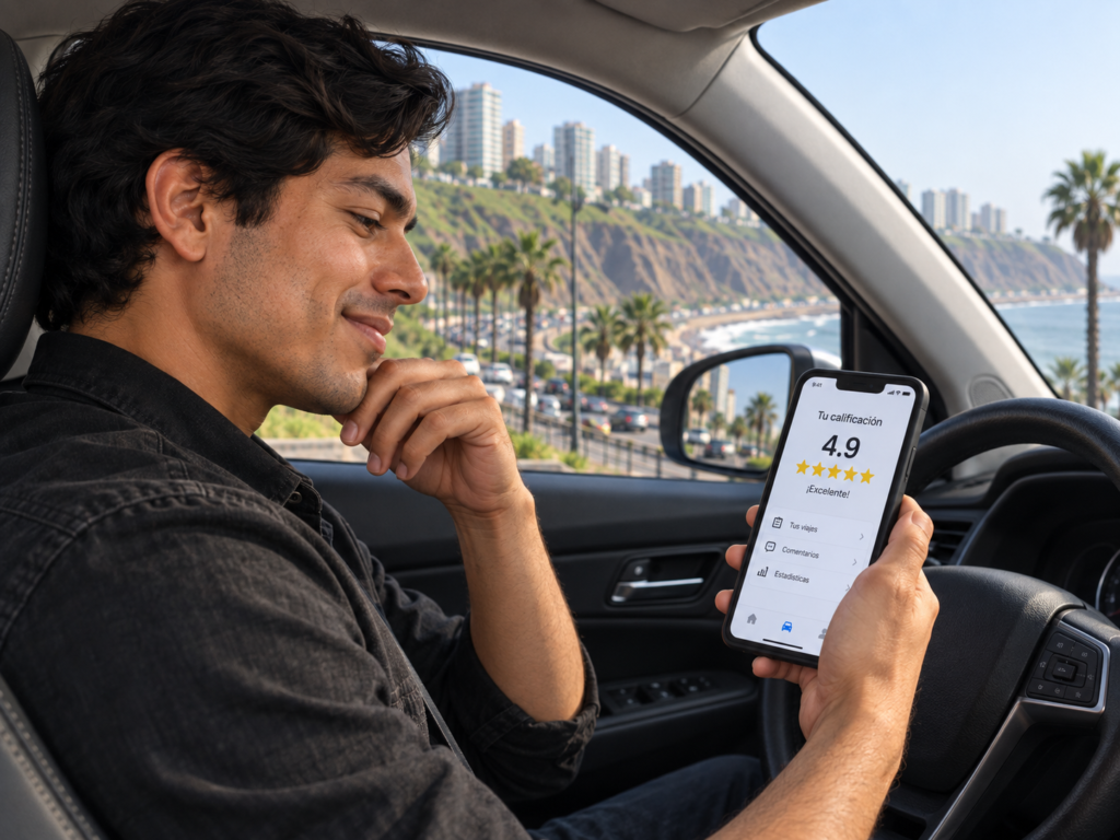 Conductor revisando su calificación en la app de transporte