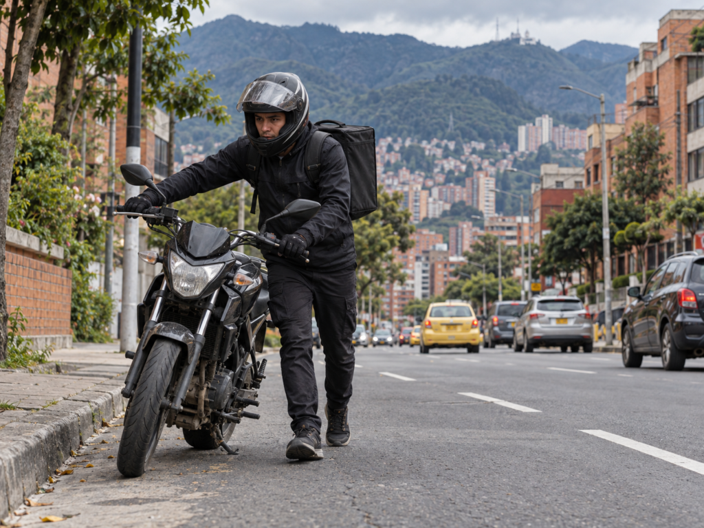 Domiciliario orillando su moto varada en una vía de Bogotá