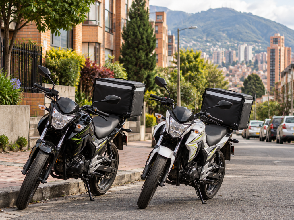 Dos motos de domicilios parqueadas en una calle de Bogotá