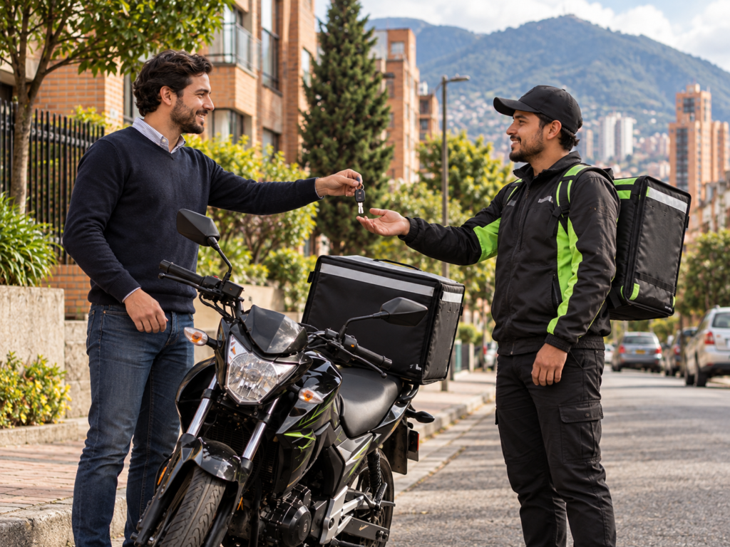 Dueño de moto entregando las llaves a un repartidor en Bogotá