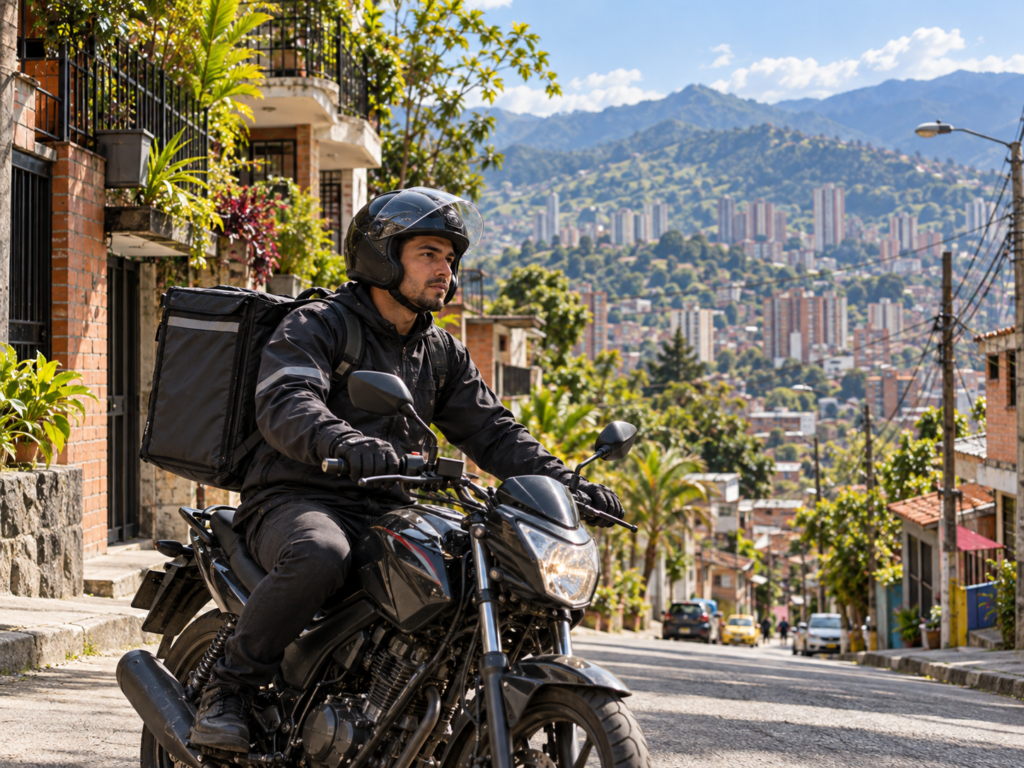 Domiciliario de apps fuera de Bogotá en una calle de Medellín