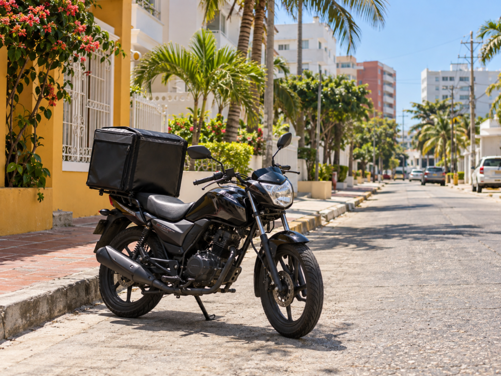 Moto de domicilios estacionada en una calle de Barranquilla