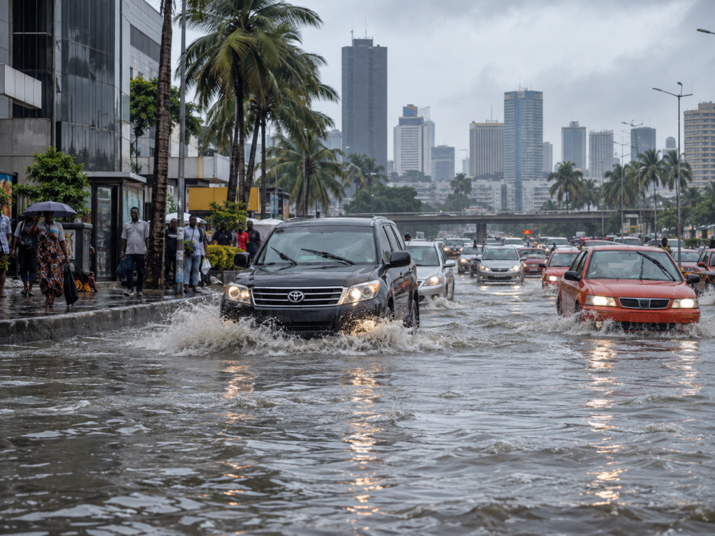 Rue inondée pendant la saison des pluies à Abidjan