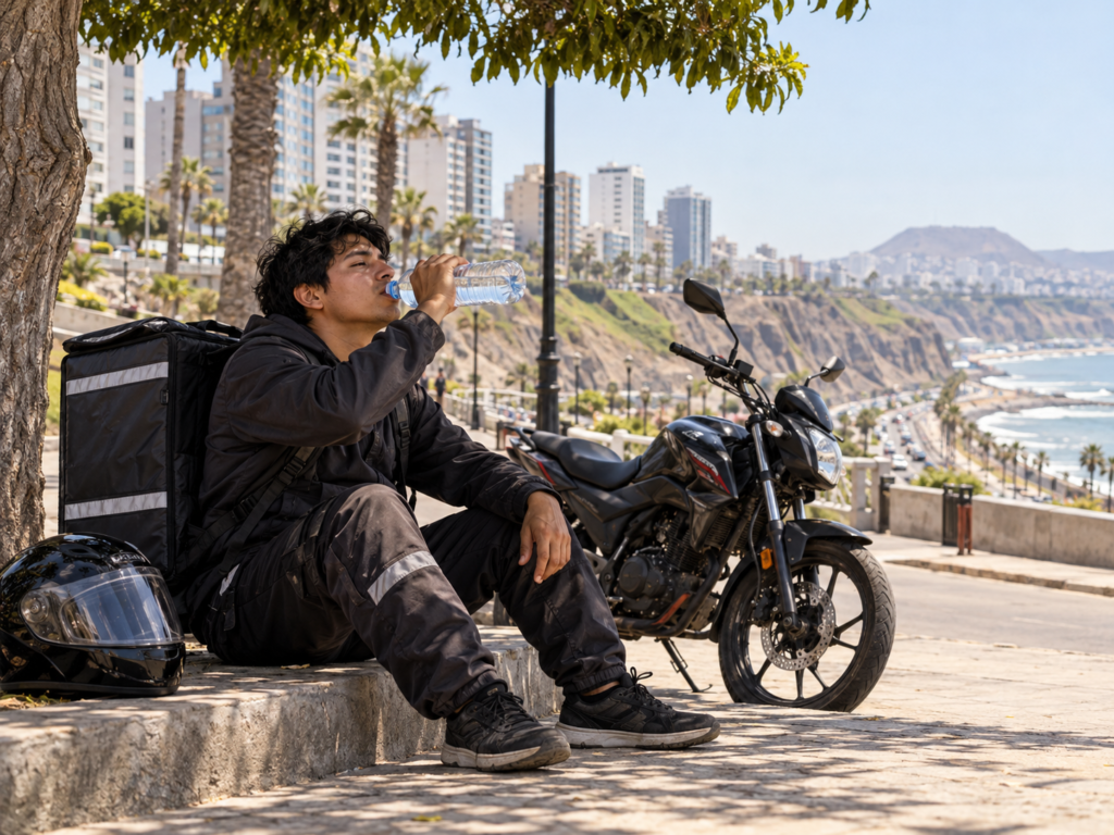 Repartidor hidratándose bajo la sombra en un día de verano en Lima