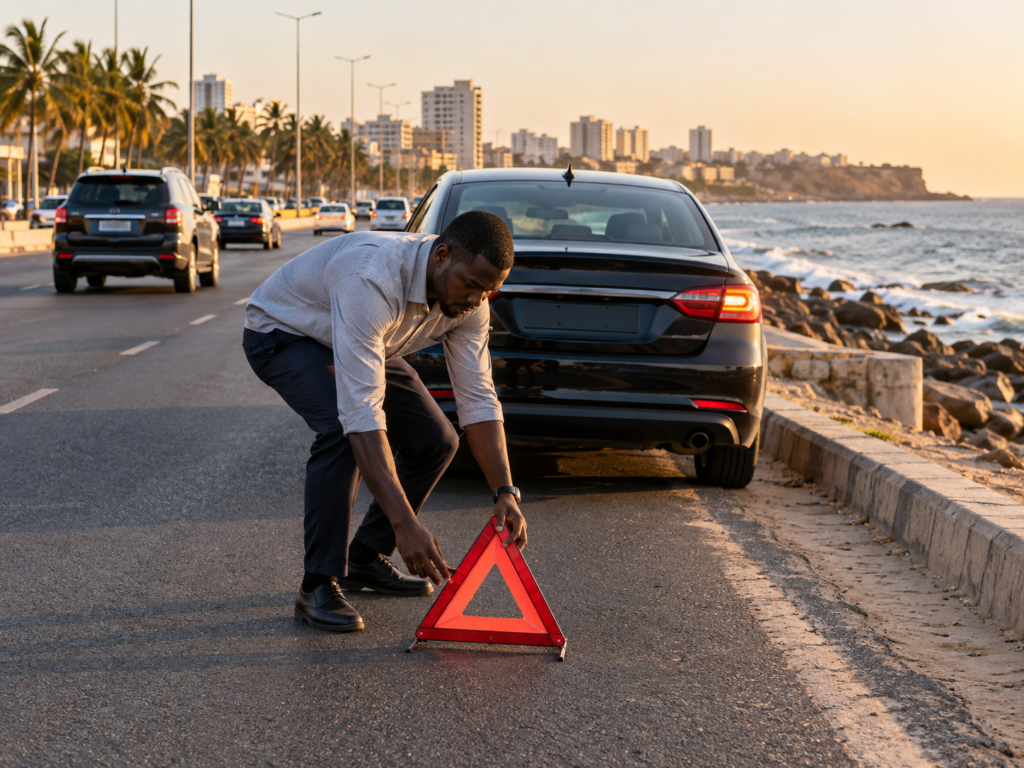 Panne ou accident en course : chauffeur VTC sécurisant son véhicule au bord de la route à Dakar