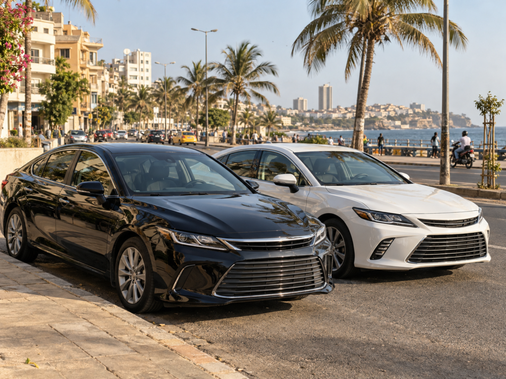 Un deuxième véhicule VTC garé à côté du premier dans une rue de Dakar