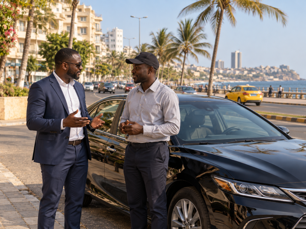 Propriétaire et chauffeur discutant à côté d'une voiture à Dakar
