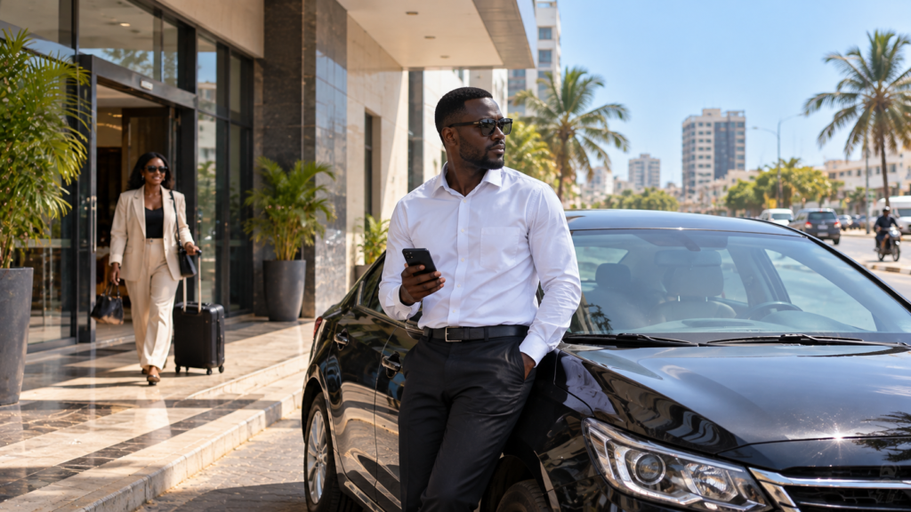 Chauffeur VTC attendant un passager devant un immeuble à Dakar