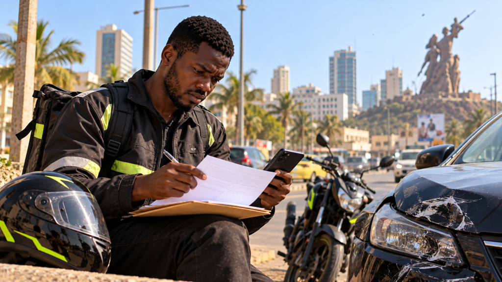 Chauffeur préparant son dossier de sinistre auto pour l’assurance à Dakar