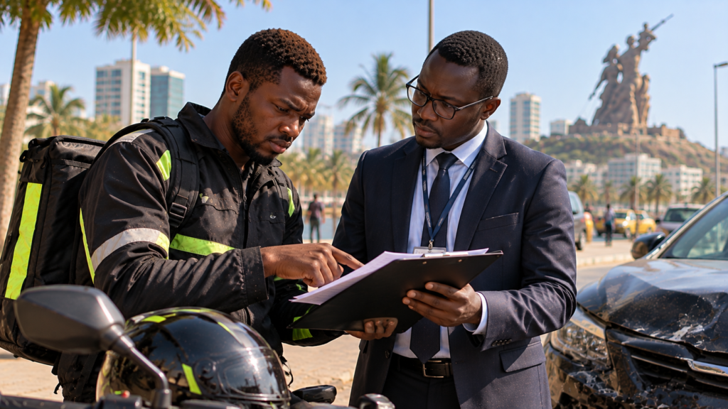 Chauffeur et conseiller d'assurance examinant un dossier à Dakar